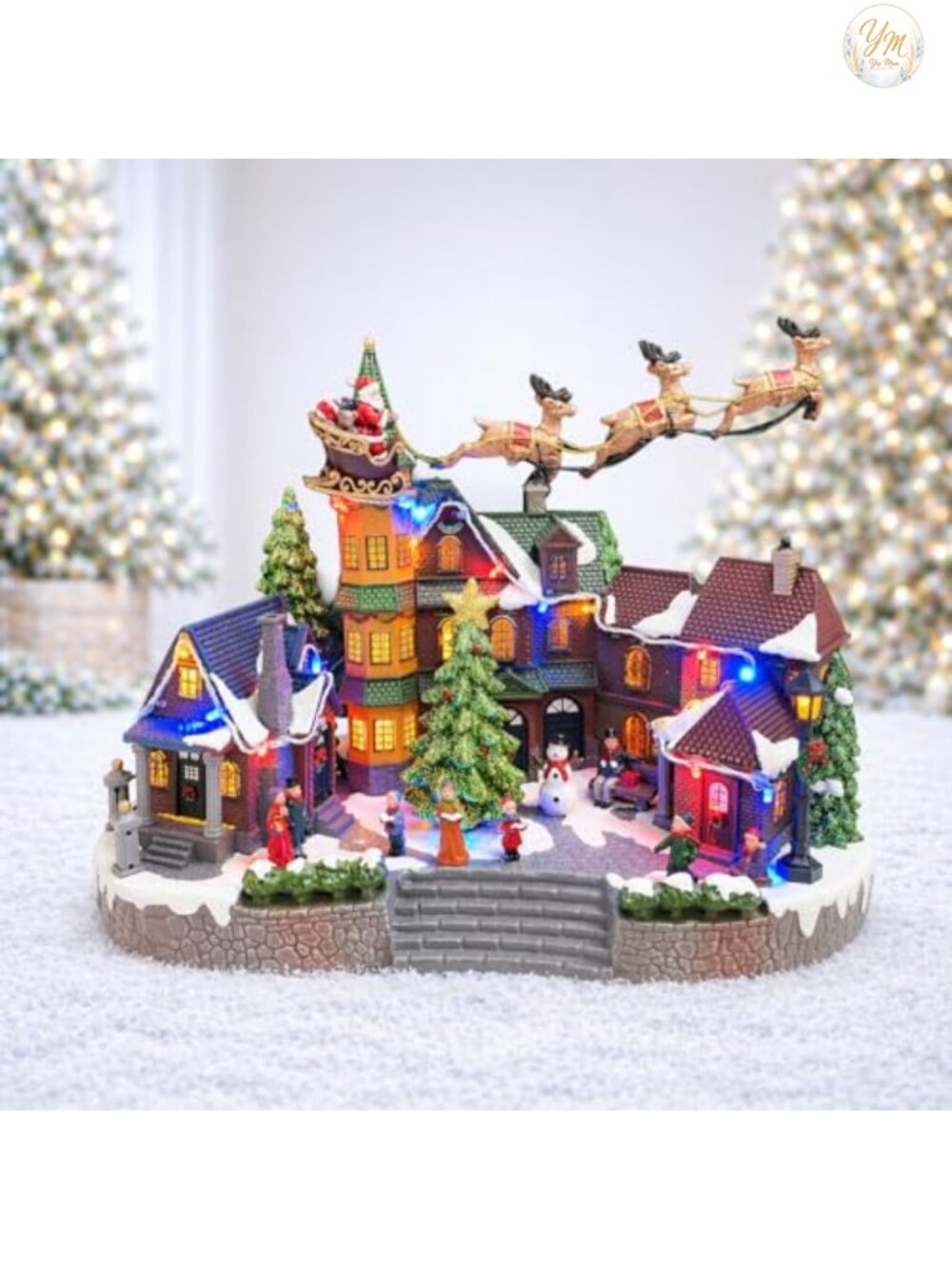 Christmas Village Centerpiece Animated Santa Sleigh LED Musical Decor